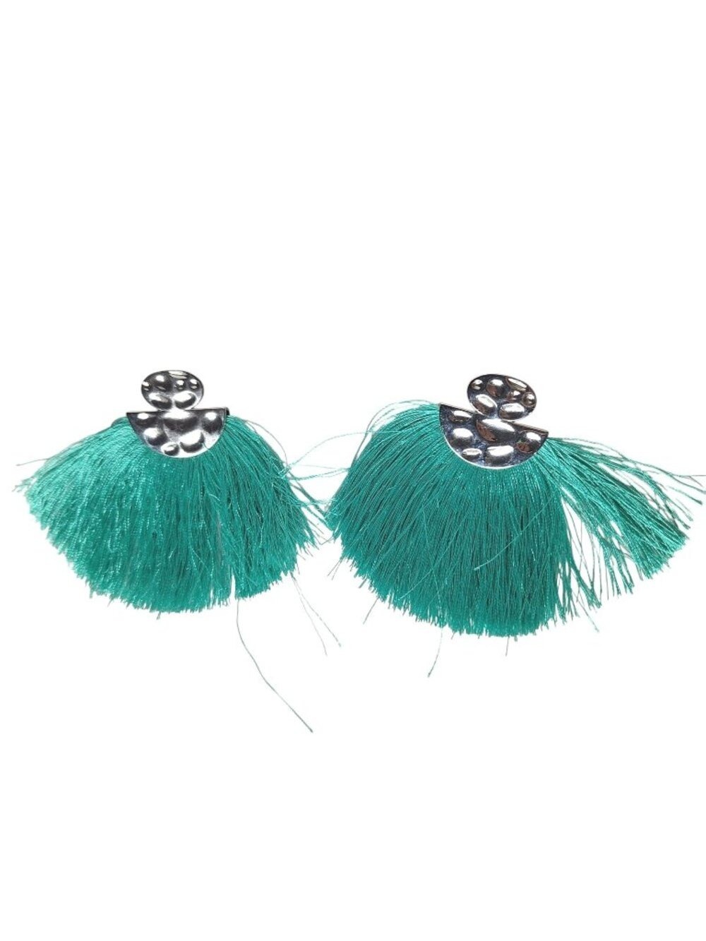 Teal Fringe Tassel Earrings Silver Tone Hammered Boho Mermaidcore Festival